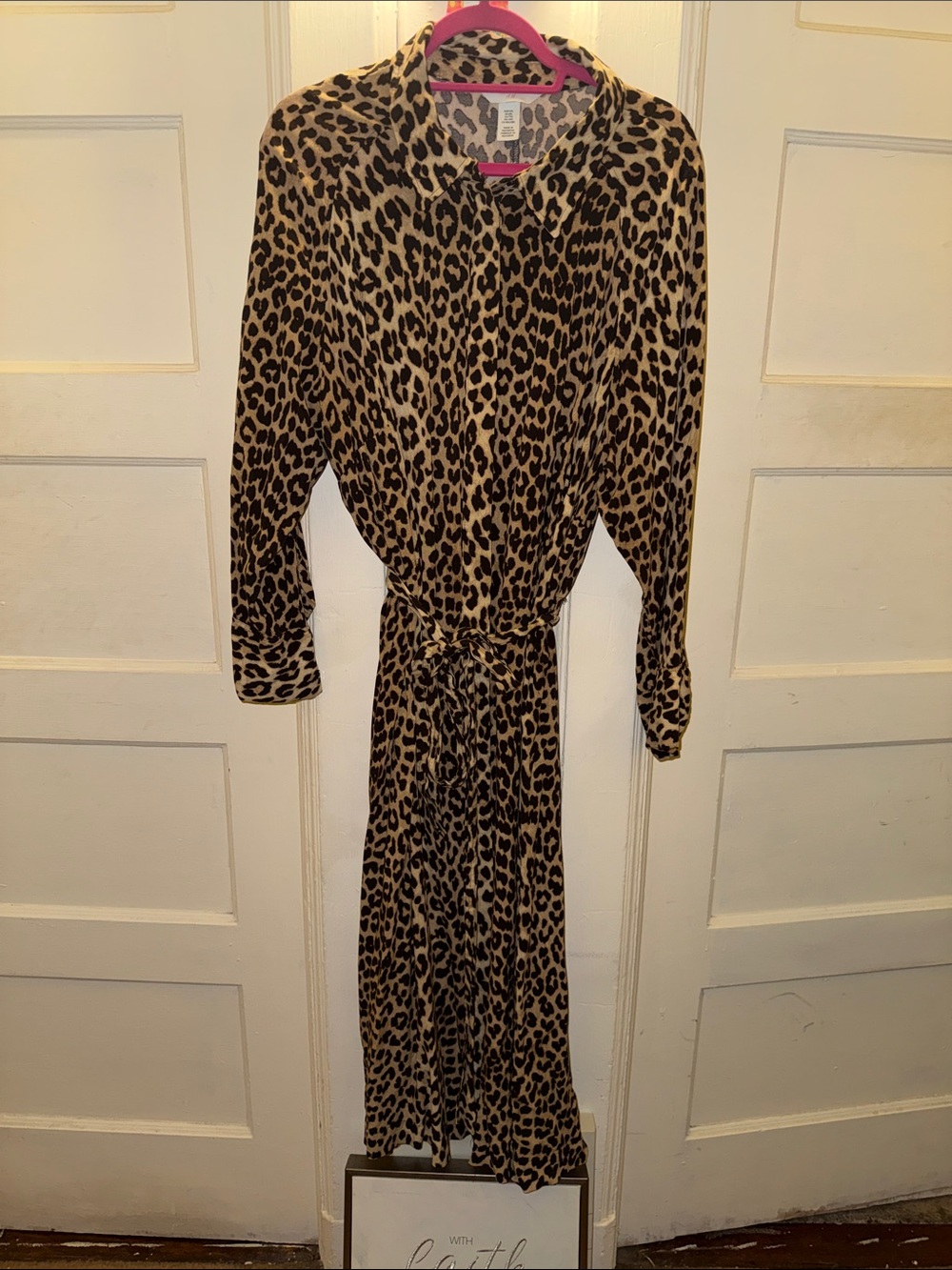 H&M Leopard Print Button-Up Dress in Tan, Black & Pink Accent